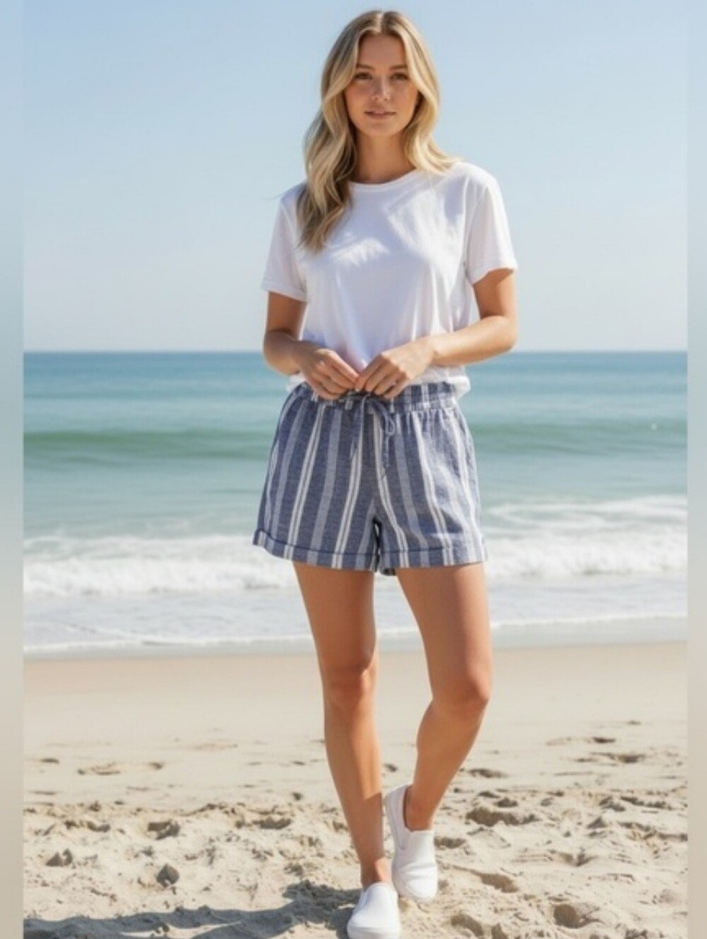 Old Navy Shorts Size XL Blue White Stripe Print Elastic Waist Linen Blend